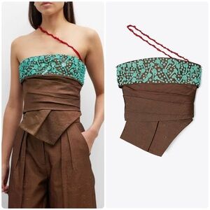 Tory Burch Lollipop Linen Beaded Strapless Bustier Top